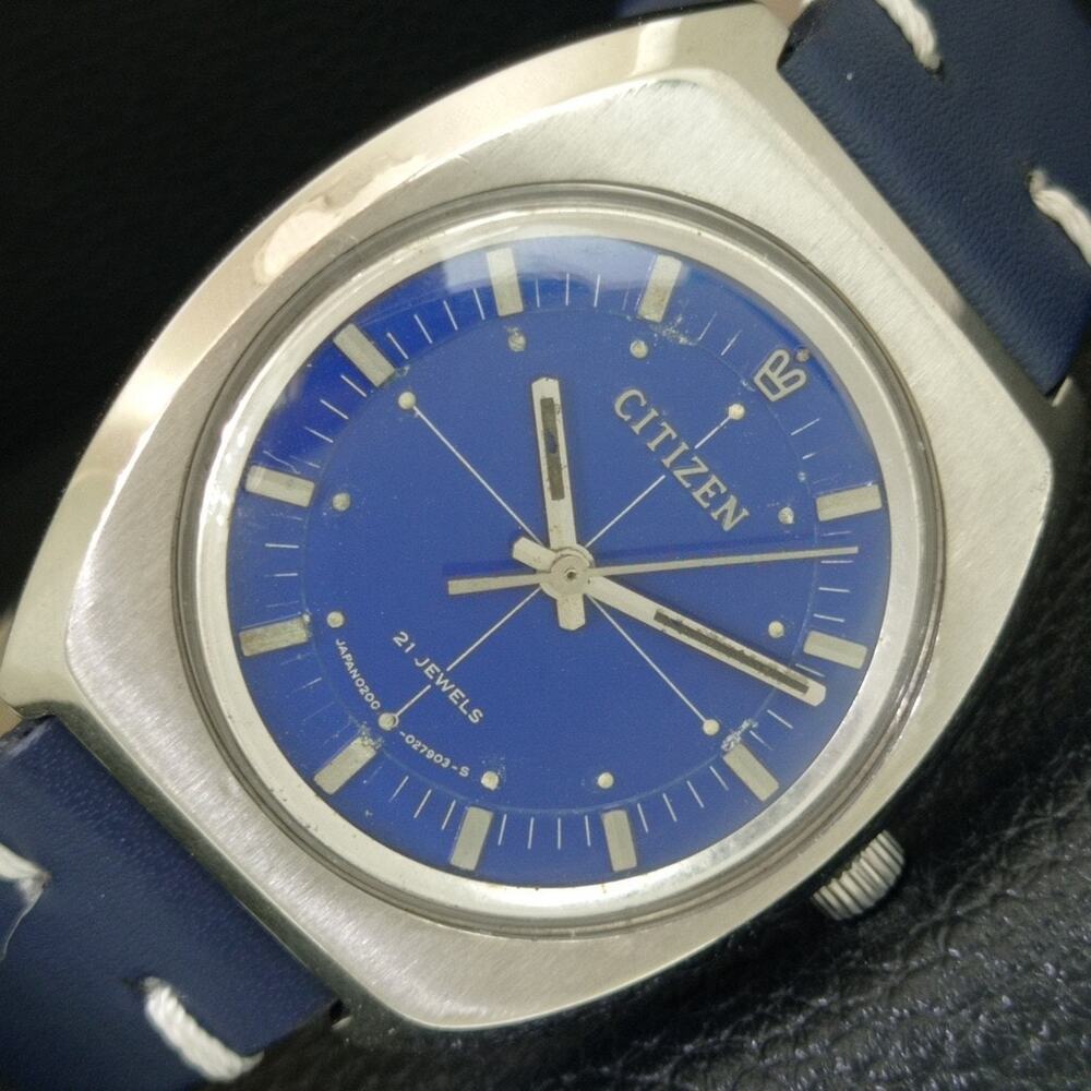 Vintage 1980 Citizen Manual Wound Mens Silver Watch & Blue accents